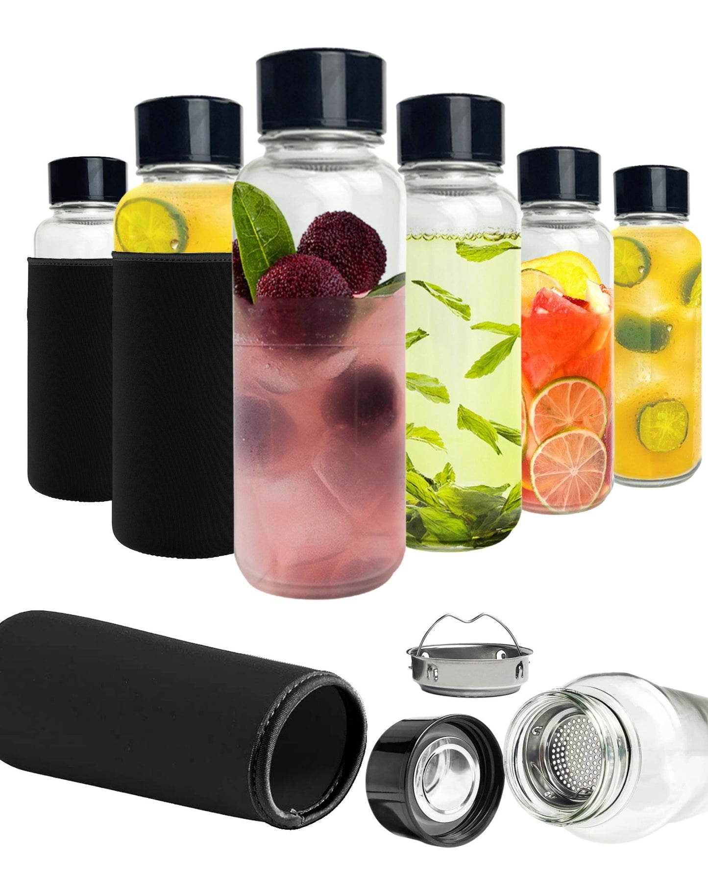 purifyou Clear Glass Bottles with Infuser, Neoprene Sleeves, & Lid (32oz Set of 6)