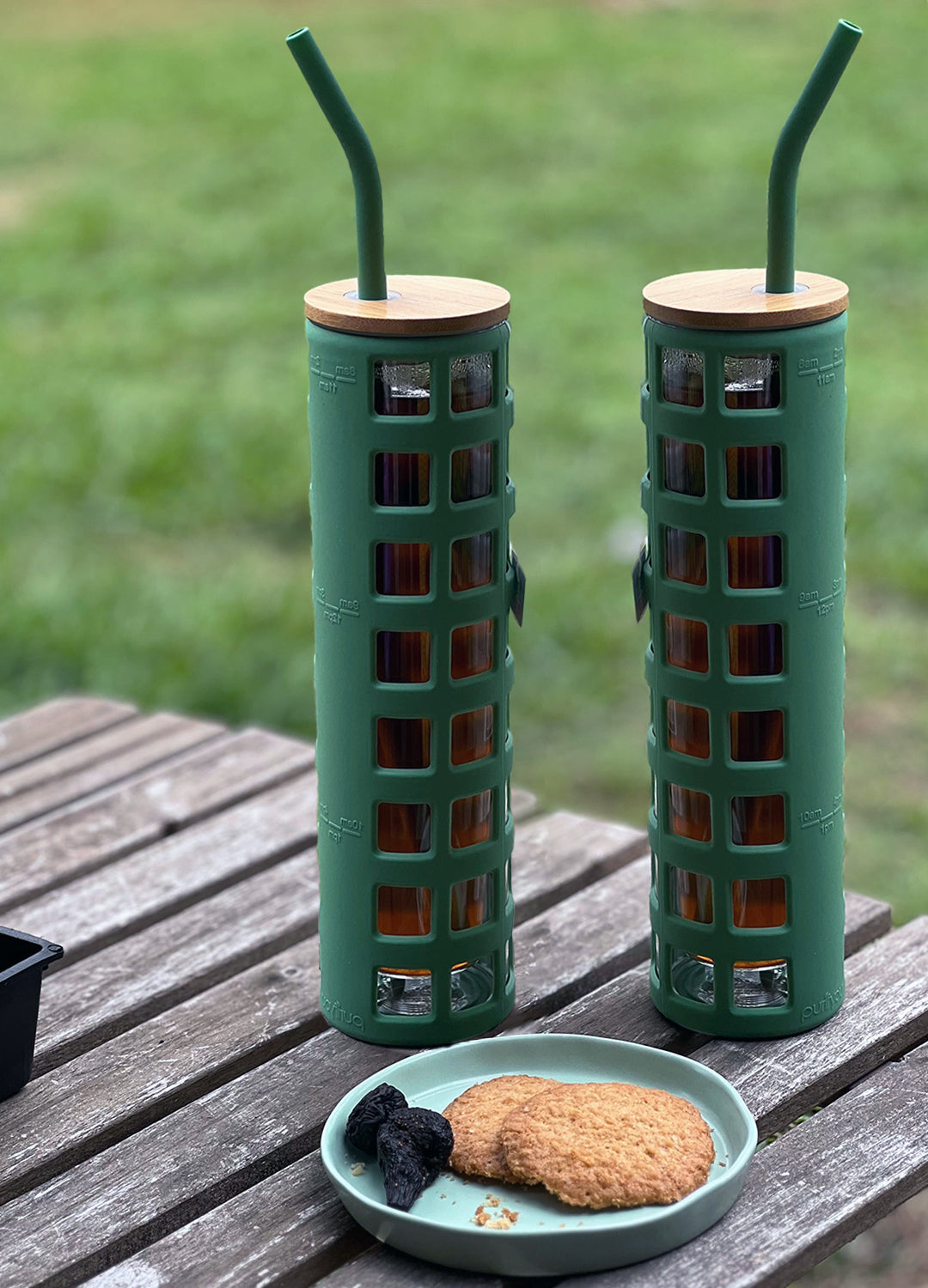 Glass Tumbler with Silicone Sleeve, wood lid and straw