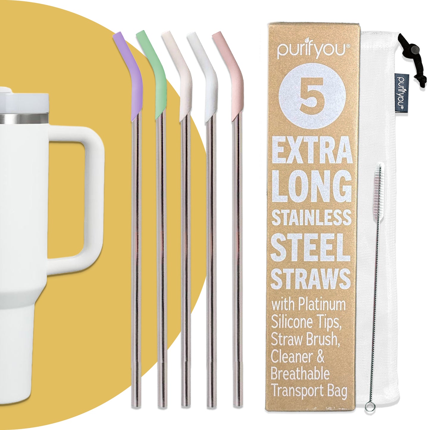 purifyou 14.5" Reusable Stainless Steel Straws with Silicone Tips – Eco-Friendly, Durable, and Travel-Ready