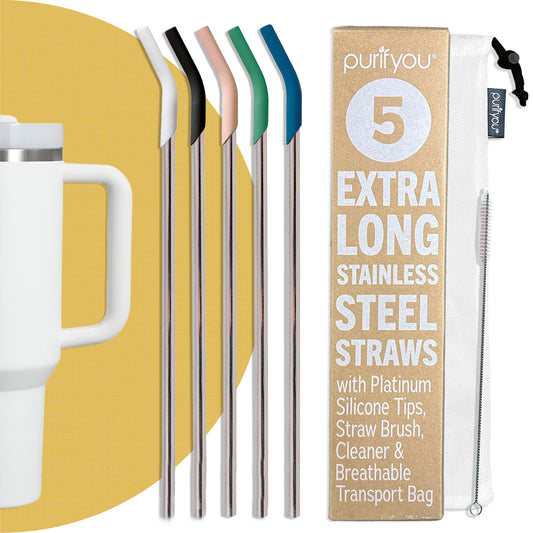 purifyou® 14.5" Reusable Stainless Steel Straws with Silicone Tips – Eco-Friendly, Durable, and Travel-Ready