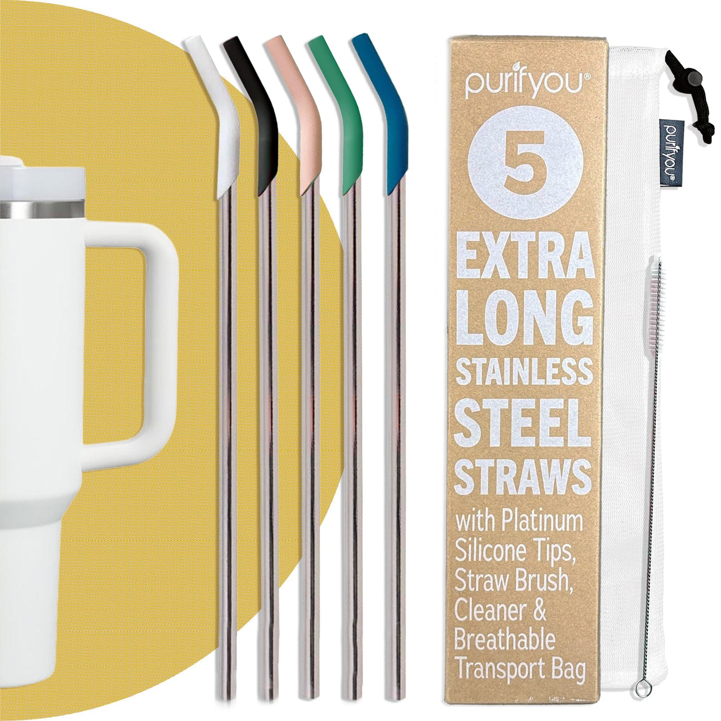 purifyou 14.5" Reusable Stainless Steel Straws with Silicone Tips – Eco-Friendly, Durable, and Travel-Ready