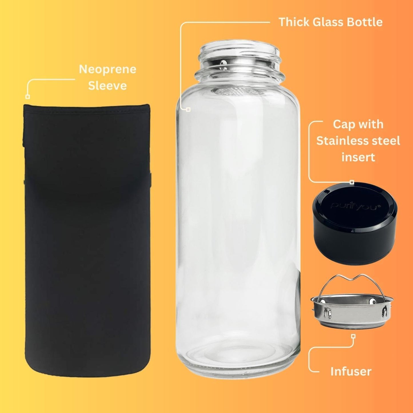 6 Pack Clear Glass Bottles with Infuser, Neoprene Sleeves, & Lid  (32oz Set of 6)