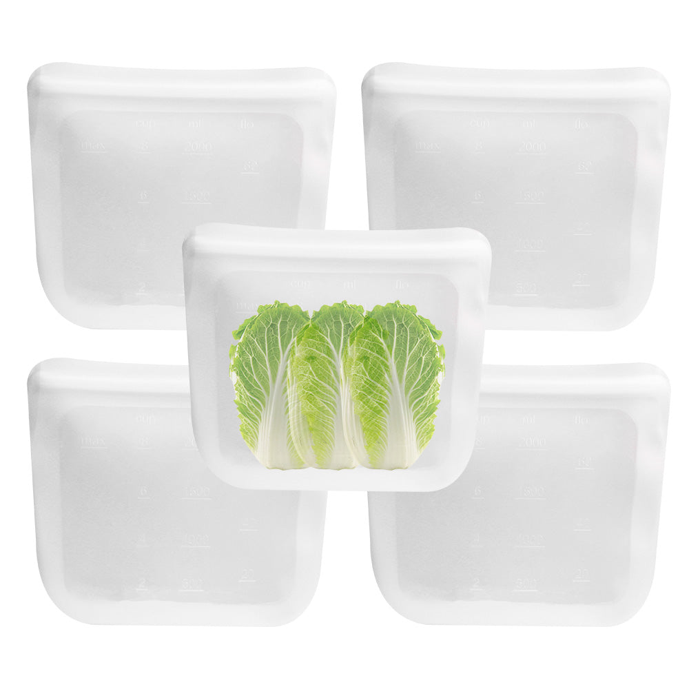 purifyou Reusable Silicone Storage Snack Bags, 6oz / 16oz / 32oz / 64oz Set of 5, Self-Seal Food Storage Container for Fruits, Vegetables, Sandwiches, Snacks Dishwasher Safe & Leak-free  (Clear)