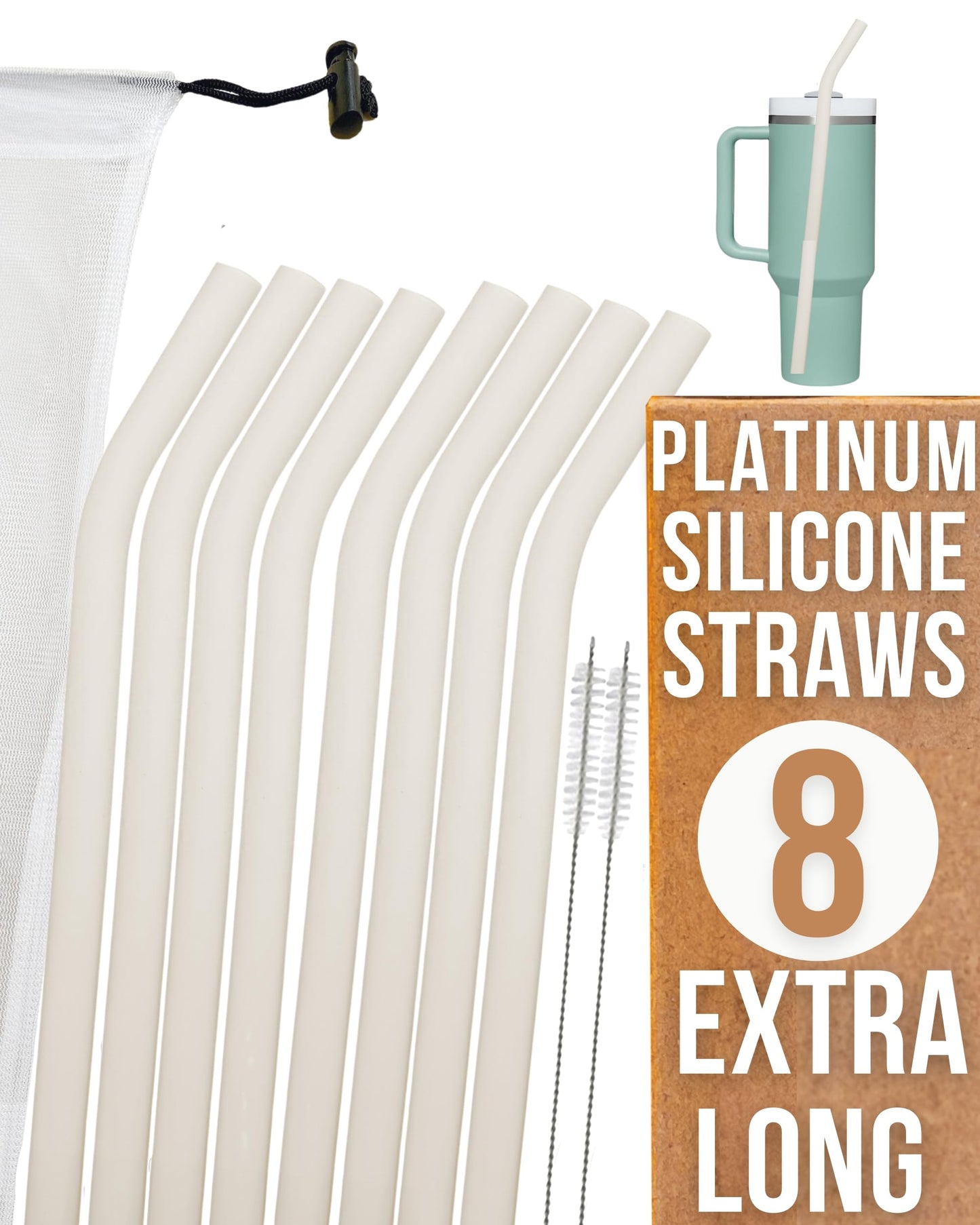 purifyou Platinum Silicone White Straws (Glow in the Dark - Set of 8)