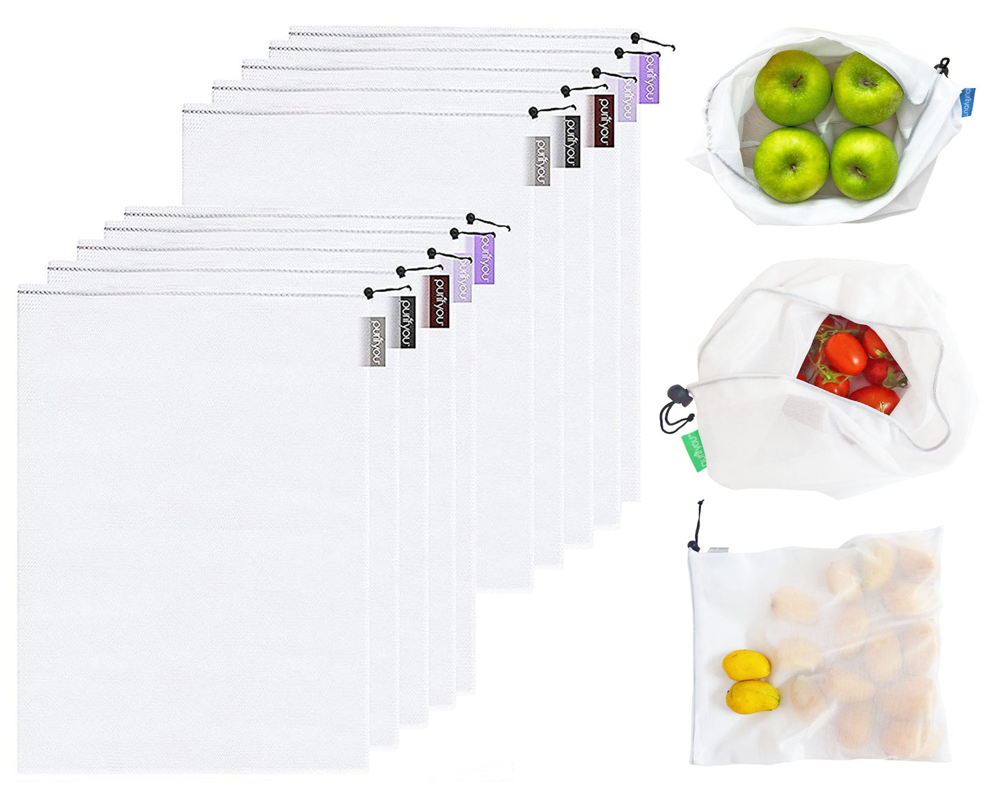 purifyou Reusable Mesh Bags - Market Bag for Fresh Produce, Groceries, Storage & Gifts (sold per set)