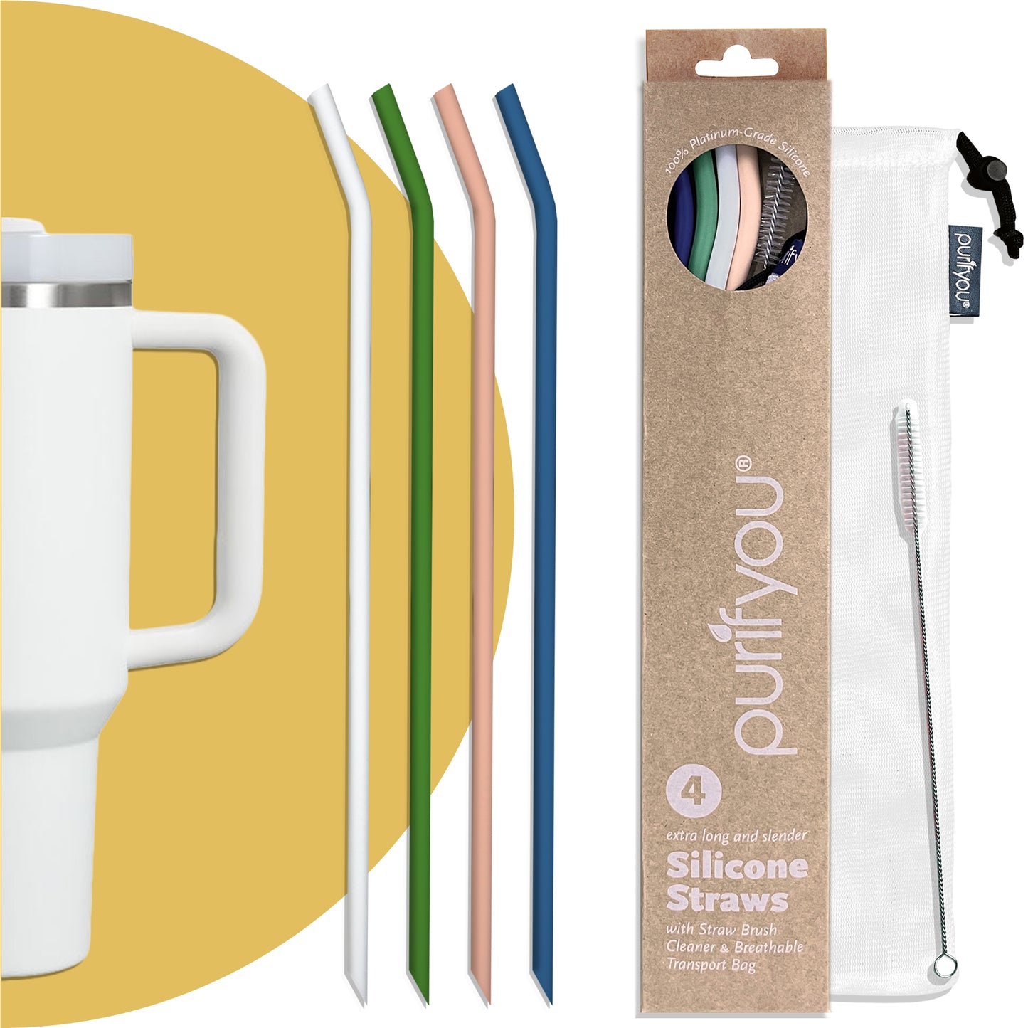purifyou® Reusable Silicone Straws – Long, Slender, & Kids Sizes | Eco-Friendly, BPA-Free, Durable & Flexible – Sets of 4 or 8 in Multiple Colors
