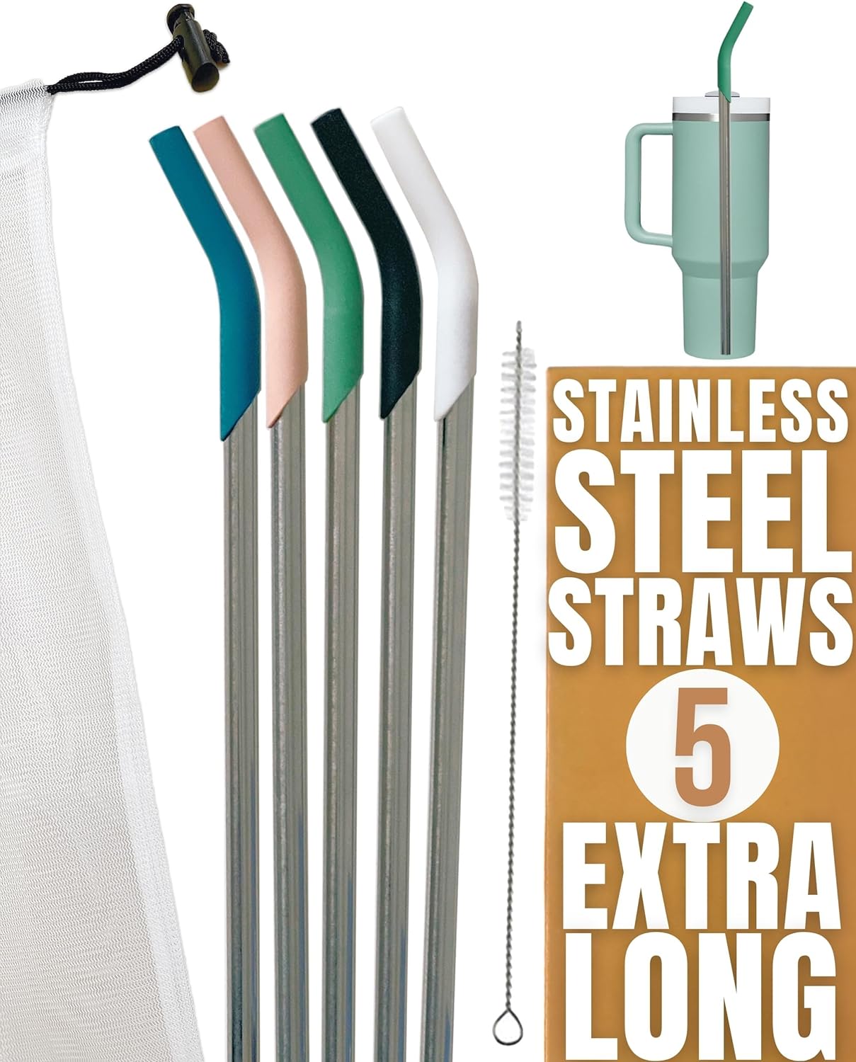 purifyou® 14.5" Reusable Stainless Steel Straws with Silicone Tips – Eco-Friendly, Durable, and Travel-Ready