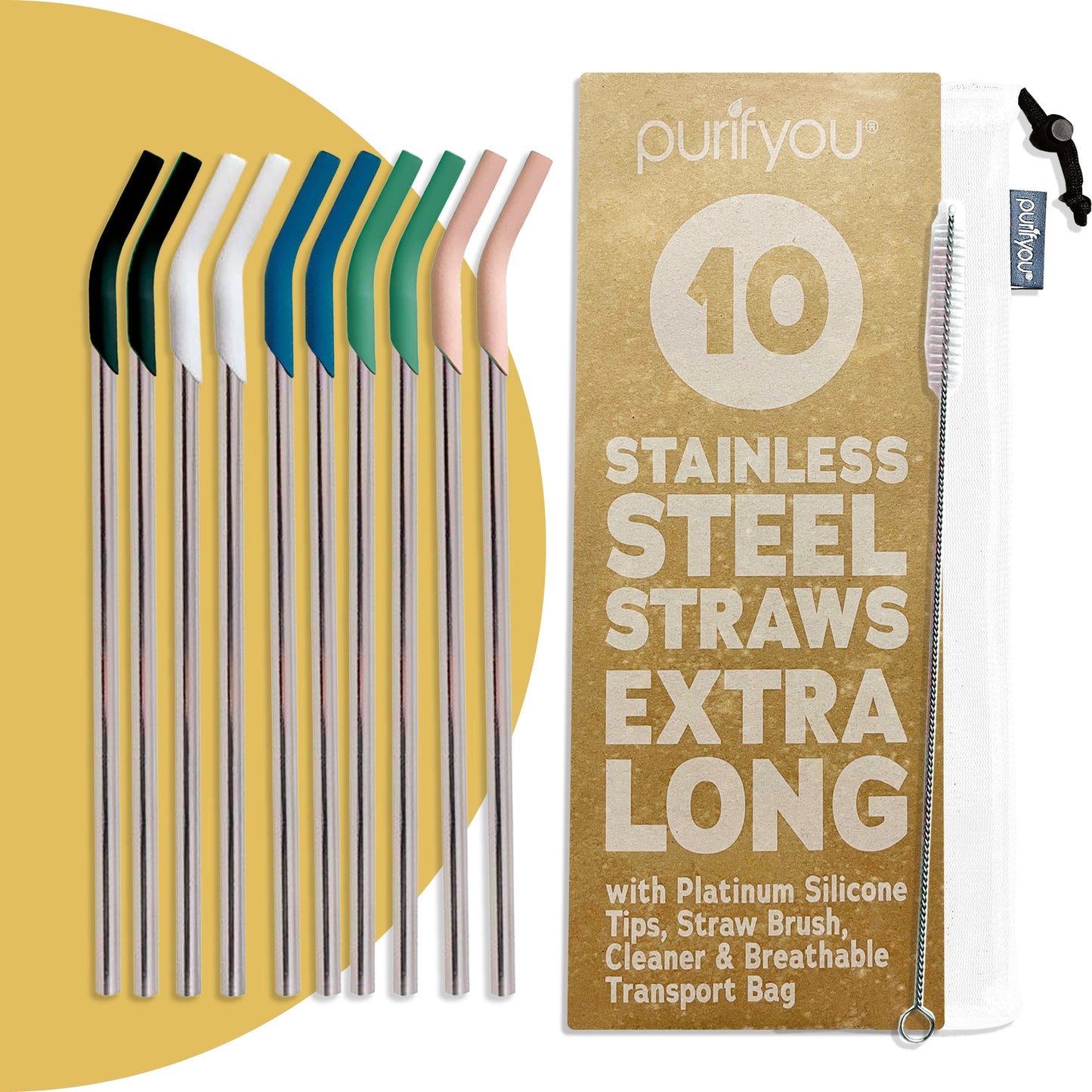 purifyou 14.5" Reusable Stainless Steel Straws with Silicone Tips – Eco-Friendly, Durable, and Travel-Ready