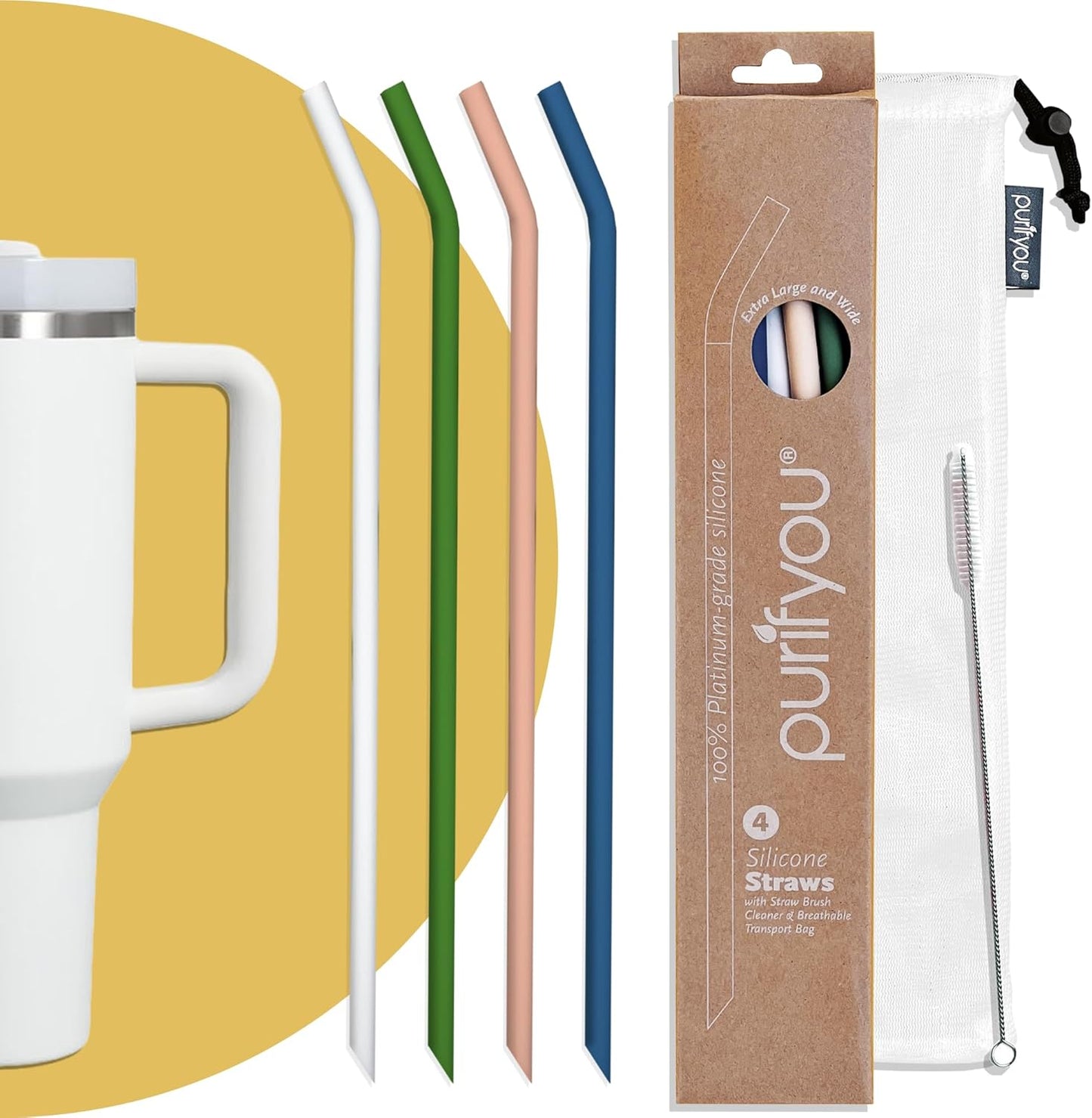 purifyou Reusable Silicone Straws - Long, Slender, & Kids Sizes, Eco-Friendly, BPA-Free, Durable & Flexible