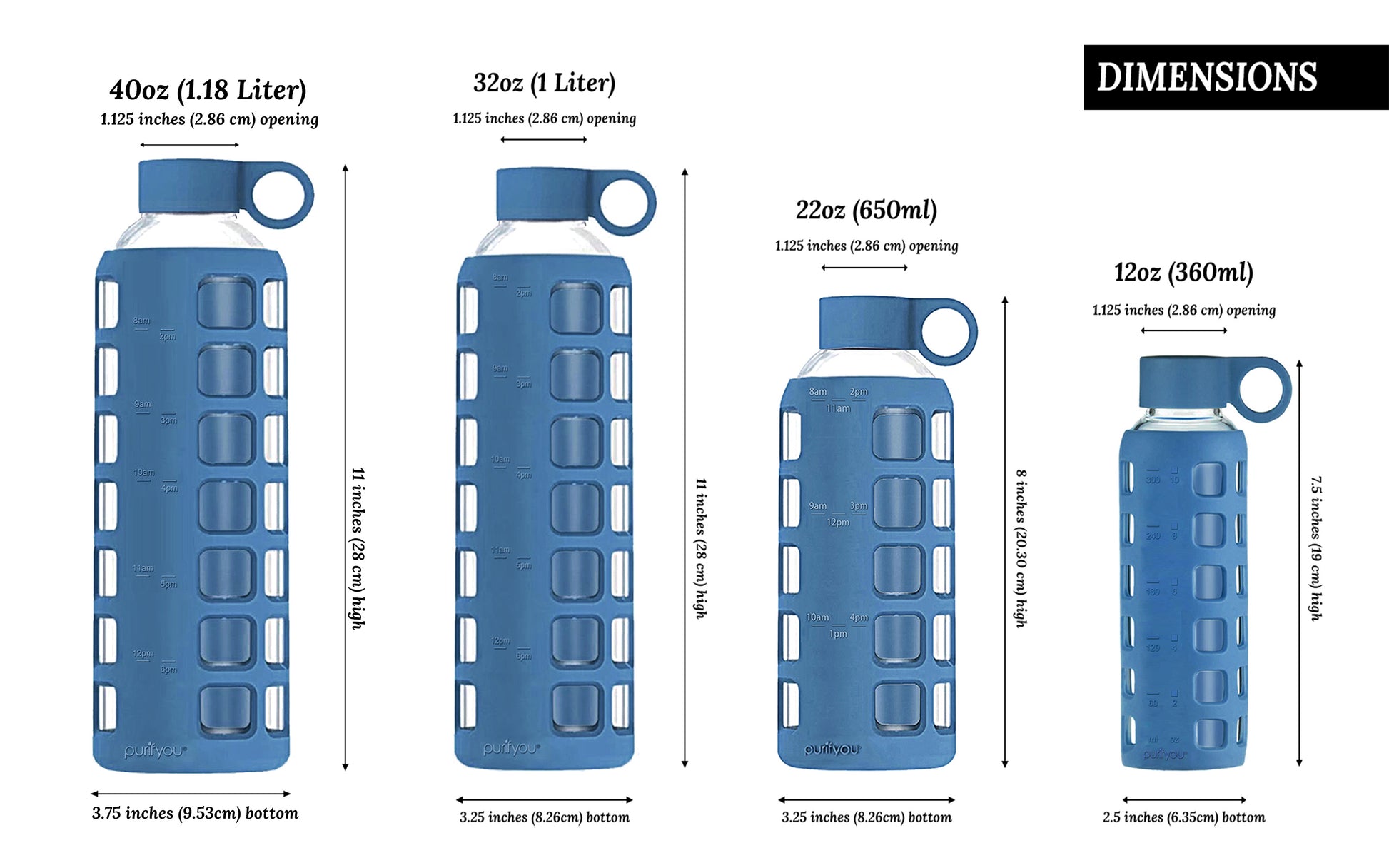 purifyou Premium 12 oz Reusable Glass Water Bottles with Time and Volume  Markings, Non-Slip Silicone Sleeve & Stainless Steel Lid Insert, for Water,  Milk, Juice 