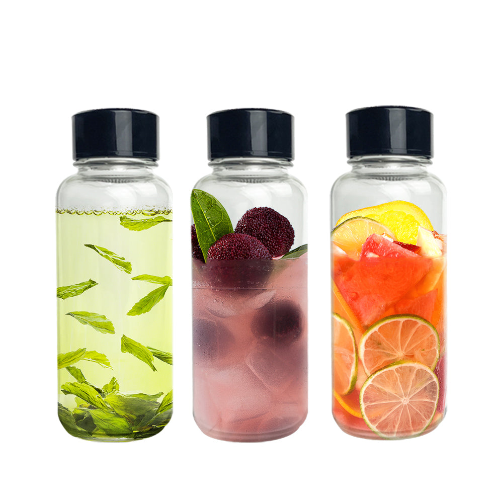 6 Pack Clear Glass Bottles with Infuser, Neoprene Sleeves, & Lid  (32oz Set of 6)